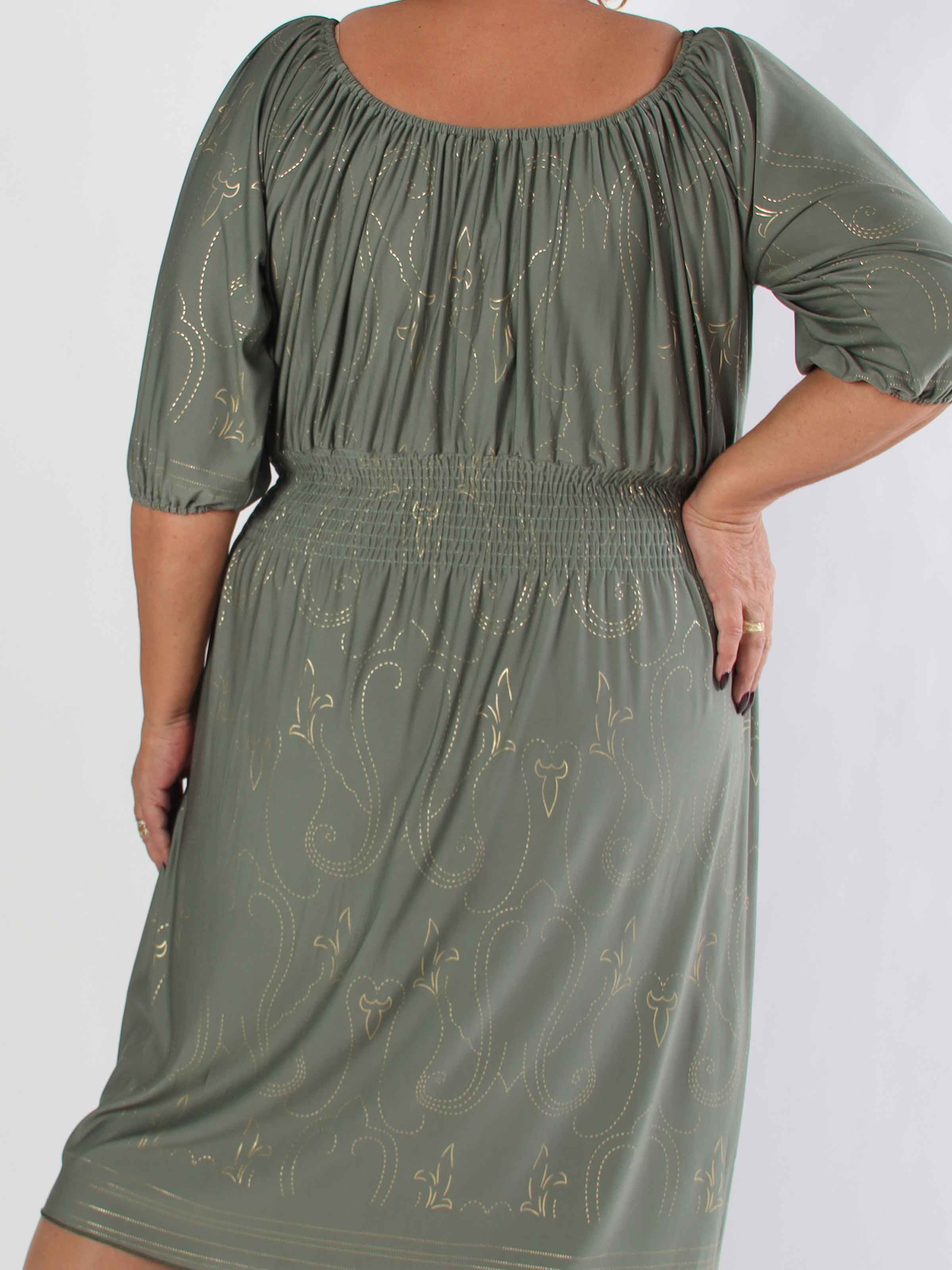 Cora Royal Gold Midi - Elastisk plus size kjole med guld print